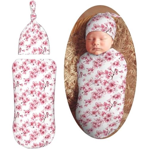 Cherry Blossoms Newborn Swaddle Blankets Hat Sets Soft Baby Receiving Blanket Swaddle Sack for Baby Shower Infant Boy Girl Gift
