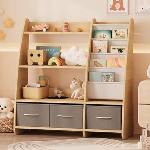 NACHES Kids Bookshelf and Toy Storage Organizer, Montessori Nursery Book Shelves with Sling Rack & Fabric Toy Bins, Toddler Baby Bookcase, Wooden Toy Shelf for Kids Room, Playroom, Sail-Burlywood
