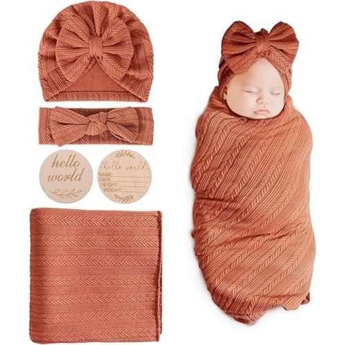 BQUBO Baby Swaddle Blankets for Girls, 4PCS Newborn Accessories Set with Matching Hat and Bow Headband with Hello World Wooden Birth Announcement Card