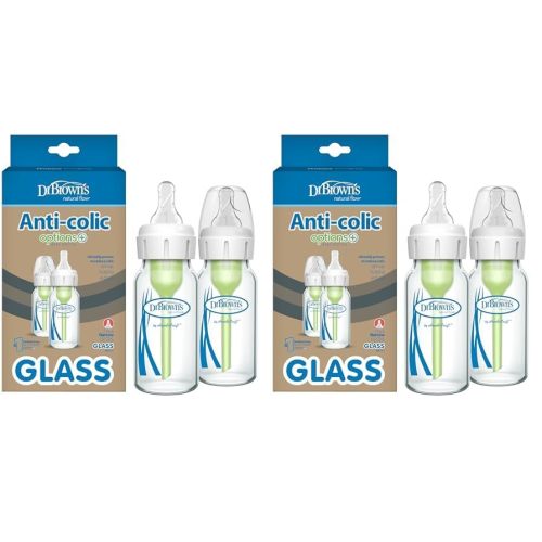Dr. Brown's Natural Flow Anti-Colic Options+ Narrow Glass Baby Bottle 4 oz/120 mL, with Level 1 Slow Flow Nipple, 4 Pack, 0m+