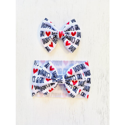 Daddy’s Girl Heart Bow: Nylon headband, Headwrap, Piggies or Clip Hair Bow