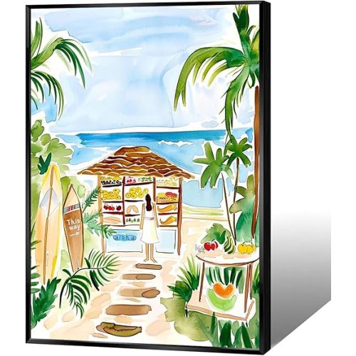 ZHIXQMG Hawaii Fruit Stand Prints Painting Hawaiian Boho Beach Tropical Watercolor Posters Surf Canvas Wall Art For Beach Lovers Living Dorm Wall Decor 12x16in Framed