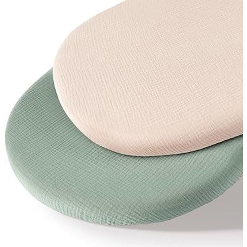 Muslin Bassinet Sheets for Baby Neutral, Soft Breathable Cotton Fitted Sheets for Oval, Rectangle, Hourglass Bassinet Mattress/Pad - 2 Pack (Ivory& Green)