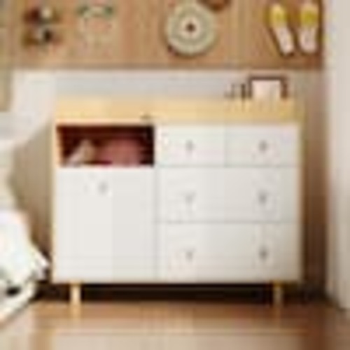 FUFU&GAGA Light oak and White 5-Drawer 45 in. W Kids Dresser with Diaper Changing Table, Storage Cabinet with 5-Drawers Z-KF180081-02