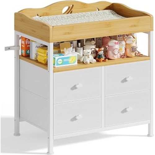 POKIPO Bamboo Changing Table Dresser with Sturdy Metal Frame, 4 Fabric Drawers, 3-in-1 Baby Dresser with Changing Table Top, Diaper Changing Station and Storage Organizer for Modern Nursery