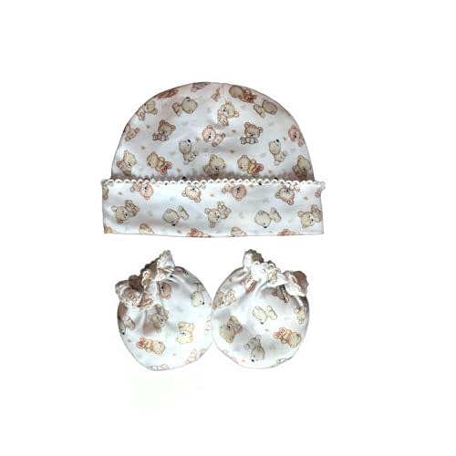 Newborn Baby hat and Glove Set with Baby Bear Print in Pima Cotton