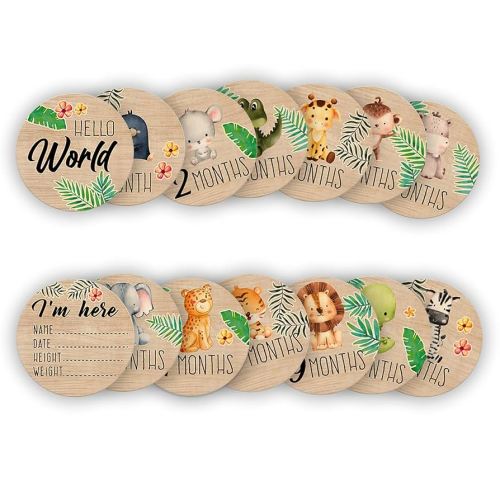 Baby Monthly Milestone Cards, Jungle Animals Wooden Discs for Baby Photo Takens with Hello World Signs - 14 Sides Round Circles Signs for documenting Growth