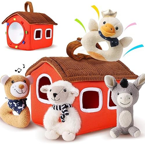 iPlay, iLearn Baby Toys 3 6 12 Month Newborn Gifts, Infant Soft Farm Stuffed Animal Rattles Plush Barn, Boy Girls Stocking Stuff, Shower Basket Stuffer, Sensory Hand Toy 0 2 4 7 9 Month 1 Yr - Farm