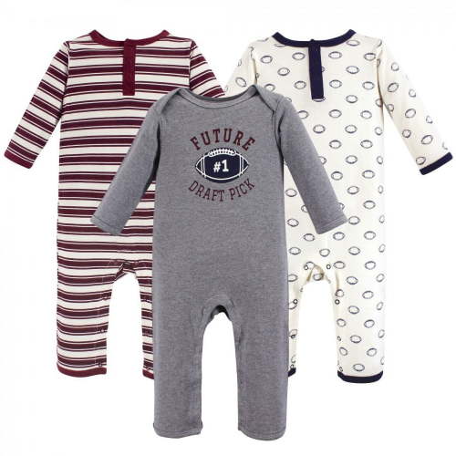 Hudson Baby Infant Boy Cotton Coveralls 3pk, Football, 0-3 Months