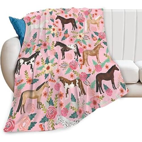 Horse Blanket Gifts for Girls Women Western Horses Flowers Print Fleece Flannel Throw Blankets Soft Lightweight Animal Plush Stuffed Pink Throws for Kids Adults Bed Sofa Decor 50"x40"