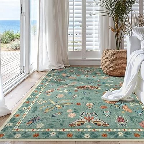 Lahome Insect Washable Area Rugs 5x7, Soft Green Rug for Living Room Ultra-Thin Non-Shedding Modern Bedroom Rug, Stain Resistant Throw Rug Large Carpet for Dining Room Kids Nursery(5'x7',Green)