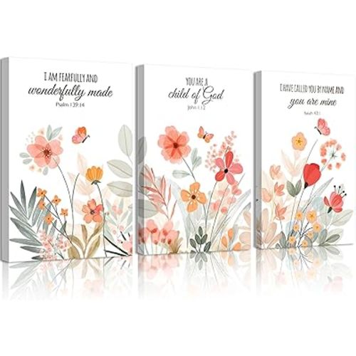 3Pcs Framed Christian Nursery Canvas Wall Art Pictures Bible Verse Floral Posters Prints Boho Wildflower Painting Vintage Flower Scripture Wall Decor for Girls Room Living Room Bedroom 16X24in