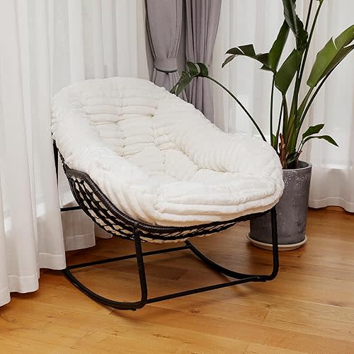 Outdoor Rocking Chair, Patio Wicker Egg Chair, Indoor Comfy Oversized Papasan Chair with Padded Cushion, Royal Rattan Rocker for Front Porch, Garden, Patio (White)