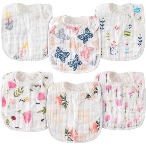 Zainpe 6Pcs Snap Muslin Cotton Baby Bibs Spring Butterflies Flowers Bib with 6 Absorbent Soft Layers Adjustable Burp Cloths for Infant Girl Boy Toddler Drooling Eating Teething Feeding 0 to 24 Months