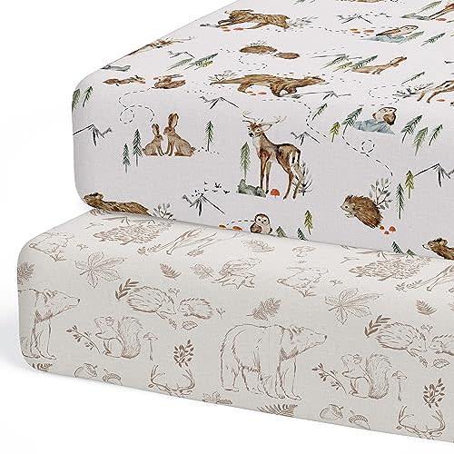 Crib Sheets Neutral - Fitted Baby Crib Sheets Bed for Girl Boy - 2 Pack Standard & Toddler Mattress - Buttery Soft Organic Cotton Blend (Magic Forest)