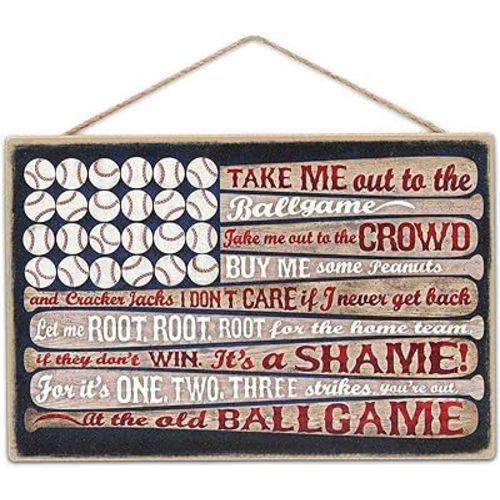 Take Me Out To the Ballgame Flag Hanging Wood Wall Decor - Vintage Americana Baseball Sign for Man Cave or Kids' Bedroom