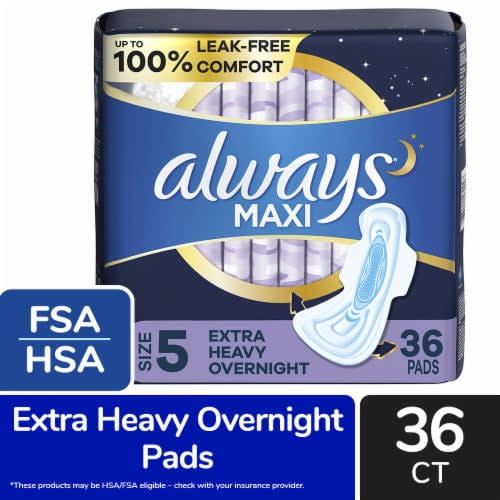 Always Maxi Pads with Wings Extra Heavy Overnight Absorbency Size 5 Unscented 36 count