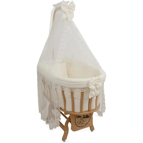 Basket Crib Baby Bassinet with Canopy, Cream French Lace Sleep Set, Natural Beech Wood Cradle with Rocking & Locking Function, Includes Mattress, Bedding, Pillow, Bumper & Mosquito Net (0-12 Months)