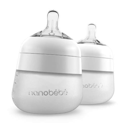 Nanobebe Flexy Silicone Baby Bottle, Anti-Colic, Natural Feel, Non-Collapsing Nipple, Non-Tip Stable Base, Easy to Clean, 2 Pack, White, 5 oz