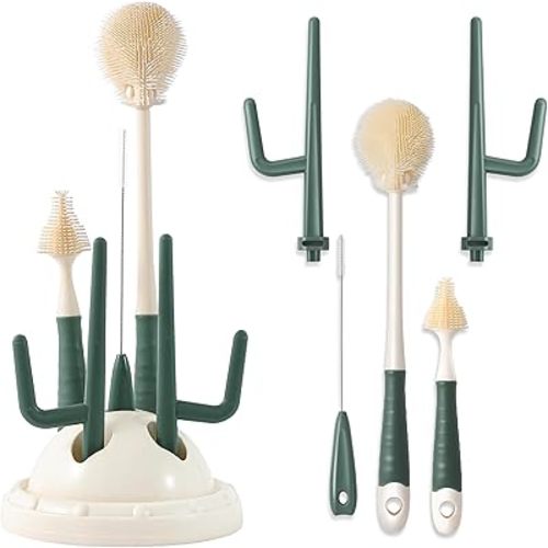 Liname Cactus Baby Bottle Brush Set - 3 Piece Cleaning Brush with Storage Base & Drying Rack,- Includes Bottle Cleaner, Nipple Cleaner & Straw Cleaner - Baby Essentials, Newborn Essentials Must Haves