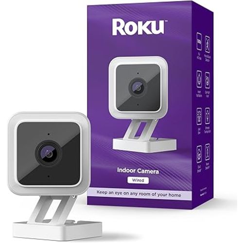 Roku Indoor Camera for Home Security, 1-Pack - Wired Security Camera with 1080p HD Color Night Vision, Works with Alexa & Google, Motion & Sound Detection, Built-in Siren, 90-Day Subscription Included