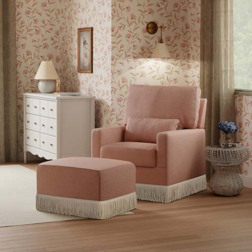 Namesake Crawford Pillowback Comfort Swivel Glider | Boucle with Tassel Fringe
