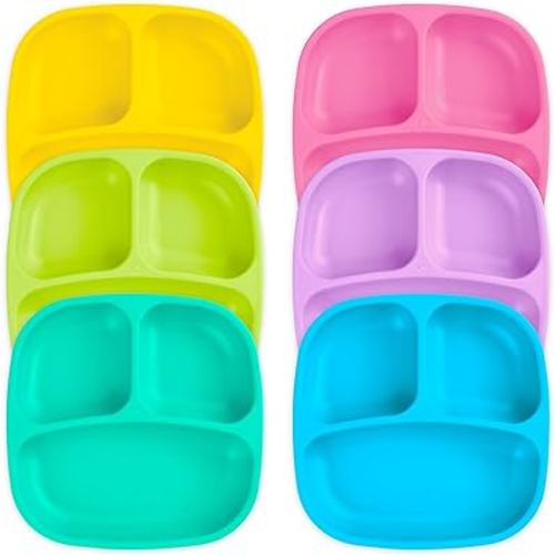 Re-Play Made in USA Deep Walled 3 Compartment Plates, Pack of 6 - Reusable Divided Plates for Kids, Dishwasher and Microwave Safe - Durable Toddler Plates 7.37" x 7.37" x 1.25", Sorbet