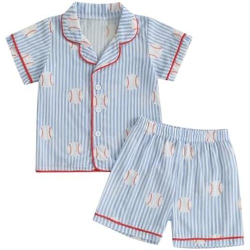 Kids Baby Boy Girl Baseball Outfits Baseball Button Down Pajamas Shirts Tops and Shorts Baby Pjs Lounge Sets