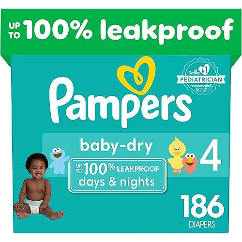 Pampers Baby Dry Diapers - Size 4, One Month Supply (186 Count), Absorbent Disposable Diapers