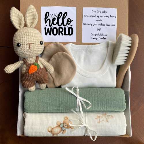 Organic Baby Gift Box - With Handmade Crochet Bunny, Muslin Swaddle, Blanket, Baby Brush & More - Newborn Gift Box, Baby Shower Boy Girl