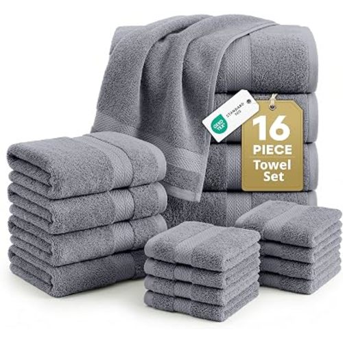 LANE LINEN Towel Set for Bathroom 16 Piece Soft Absorbent - Cool Grey