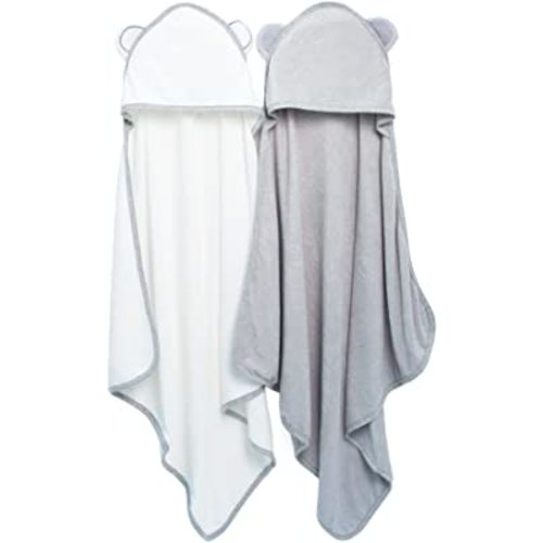Bamboo Hooded Baby Bath Towels Pack of 2, Premium Quality Baby Essentials for Newborn Infant Toddler Baby Towels - Baby Gifts for Girls and Boys (White & Grey)