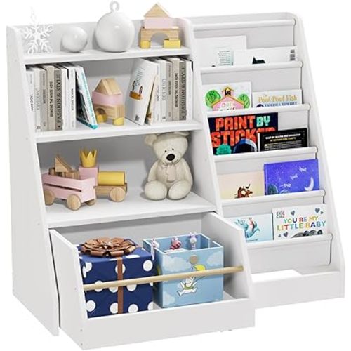 NACHES 4 Tier Kids Bookshelf with Movable Drawer and 5 Sling Pockets,Children's Bookshelf and Toy Storage for Bedroom, Playroom, Nursery,White