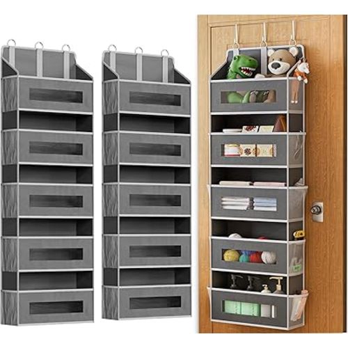 2 Pack 5 Tier Over The Door Organizer - Large Capacity Behind Door Hanging Shelves with 10 Mesh Pockets and Clear Windows, Closet Organizers and Storage for Bathroom, Bedroom, Nursery, Grey