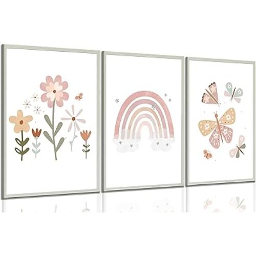 Boho Pink Nursery Canvas Wall Art Rainbow Children Room Painting Picture Wall Decor Child color Butterfly Flowers Poster Print Artwork for Boys Girls Bedroom Children Room Home Decoration