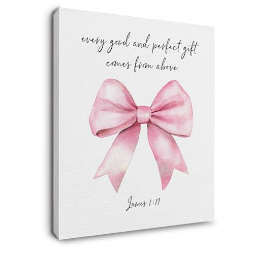 Ryeolo Pink Bow Wall Decor - Coquette Christian Bible Verse Framed Canvas Wall Art, Coquette Aesthetic Pink Bow Wall Decor for Girls Bedroom, 12x16 Inches