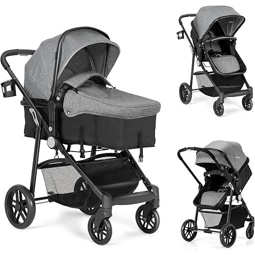 BABY JOY Baby Stroller, 2 in 1 Convertible Carriage Bassinet to Stroller, Pushchair with Foot Cover, Cup Holder, Large Storage Space, Wheels Suspension, 5-Point Harness (Gray)