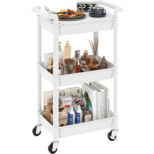 3-Tier Utility Rolling Cart with Cover Top Board, Mobile Utility Cart with Lockable Casters Multi-Functional Storage Trolley for Office, Bathroom, Kitchen, Garden, Laundry Room (White)