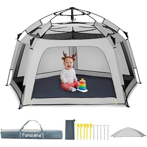 Baby Playpen Pop-up Tent - Outdoor & Indoor Play Tent for Beach with Canopy Travel Bag Portable Play Yard for Babies & Toddlers (Gray)