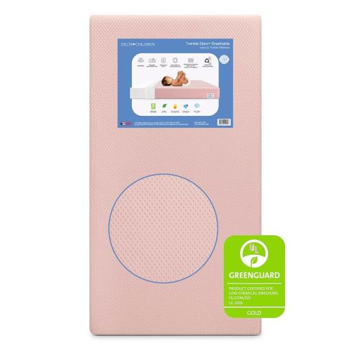 Delta Children Twinkle Stars Crib and Toddler Mattress with Breathable, Removable Machine-Washable Cover - GREENGUARD Gold - Waterproof Baby Bed - Sustainably Sourced Fiber Core - 52”Lx27.5”W, Pink