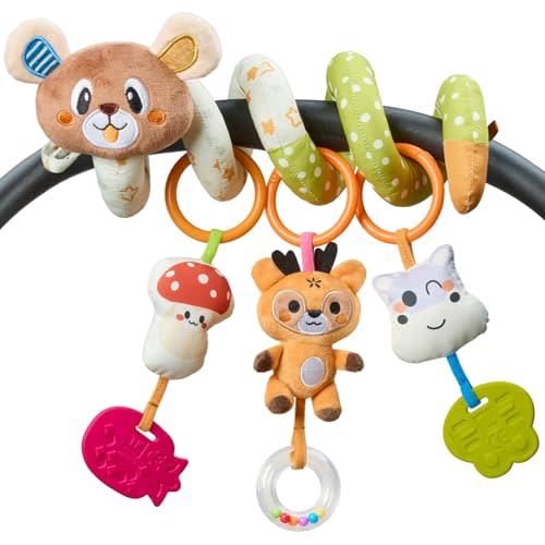 TUMAMA Baby Activity Toy Cute Bear Spiral Toy with Hanging Toys, Clips Detachable Sensory Stimulating Baby Toys 0-3 3-6 Months for Newborn Strollers Bassinets Crib Carseat