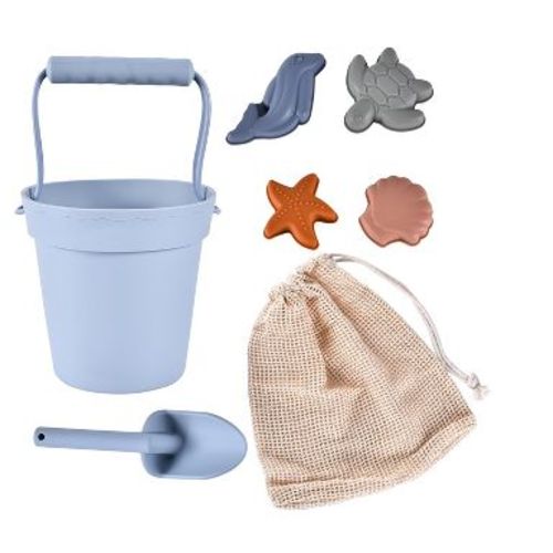 Link Ready! Set! Play! Silicone Beach & Pool Toy 7pc Set For Travel Bucket Shovel 4 Sands Molds For Toddlers & Babies Carry Bag Included - Blue
