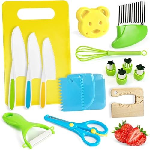 17 Pieces Kids Safe Knife Set for Real Cooking Child-Friendly Plastic Chef Tools Montessori Kitchen Toys for Toddlers with Bright Colors Gifts for Boys and Girls