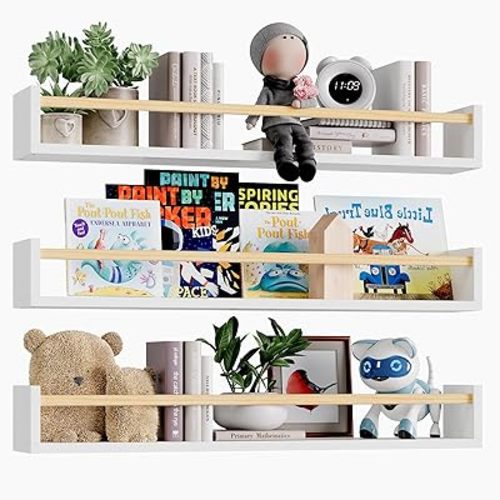 Fixwal Nursery Book Shelves, 23.6 Inch Floating Bookshelves for Wall Set of 3, Baby Nursery Decor, Solid Wood Wall Mounted Shelves for Books, Toys and Decor Storage (White and Natural Wood)
