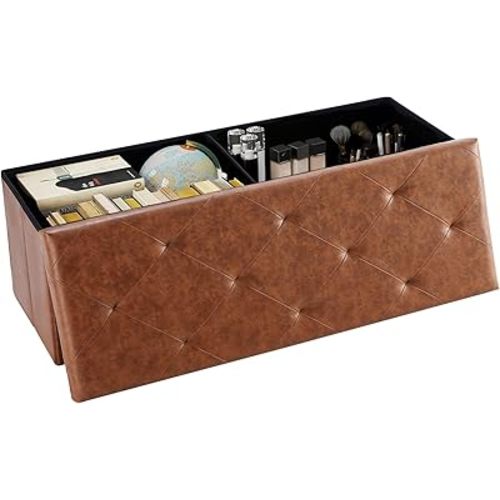 DUMOS Foldable Storage Ottoman Bench 43in, Foot Rest Stool, Synthetic Leather Storage Chest with Thicker Foam Padded Seat for Entryway Living Room, Modern Brown