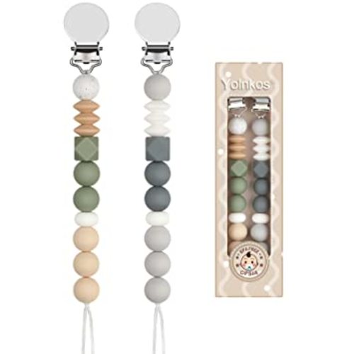Pacifier Clip Paci Holder Baby Girls Boys Silicone Teething Beads Soothie Binky Clips Teether Toys 2 Pack (Grey, Green)