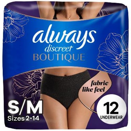 Always Discreet Boutique Adult Postpartum Incontinence Underwear for Women - Black - S/M - 12ct