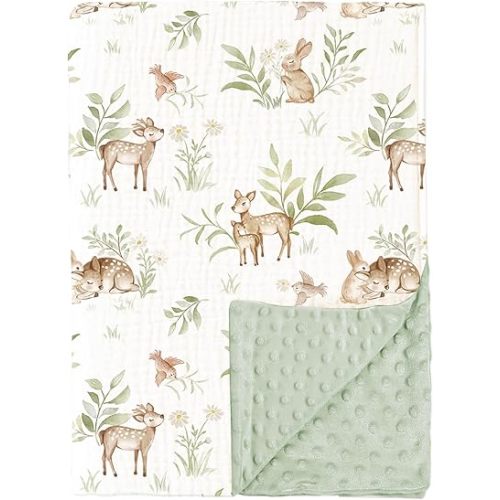 Konssy Baby Blankets for Unisex Boys Girls, Super Soft Nursery Minky Blankets with Muslin Cotton Front and Dotted Fleece Backing, Printed Bed Throws Newborn