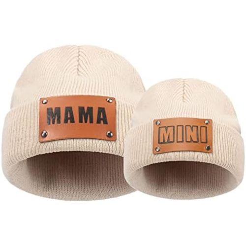 2PCS Parent-Child Beanie Hat Mama and MINI Leather Patch Knitted Hat Winter Warm Cuffed Ski Cap