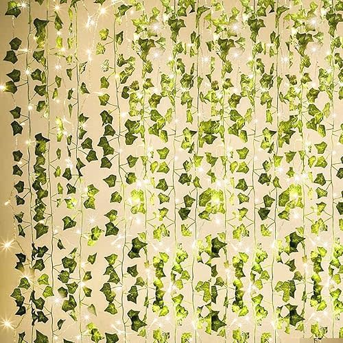 KASZOO 84Ft 12 Pack Artificial Ivy Garland Fake Plants, Vine Hanging Garland with CE Certified 80 LED String Light, Hanging for Home Bedroom Garden Party Wedding Wall Room Decor, Green